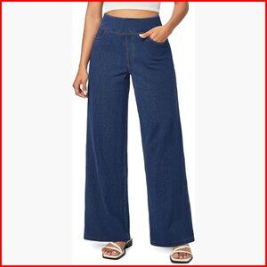 Wide Leg High Waisted Pull On Jeans Stretchy Denim Casual Pants